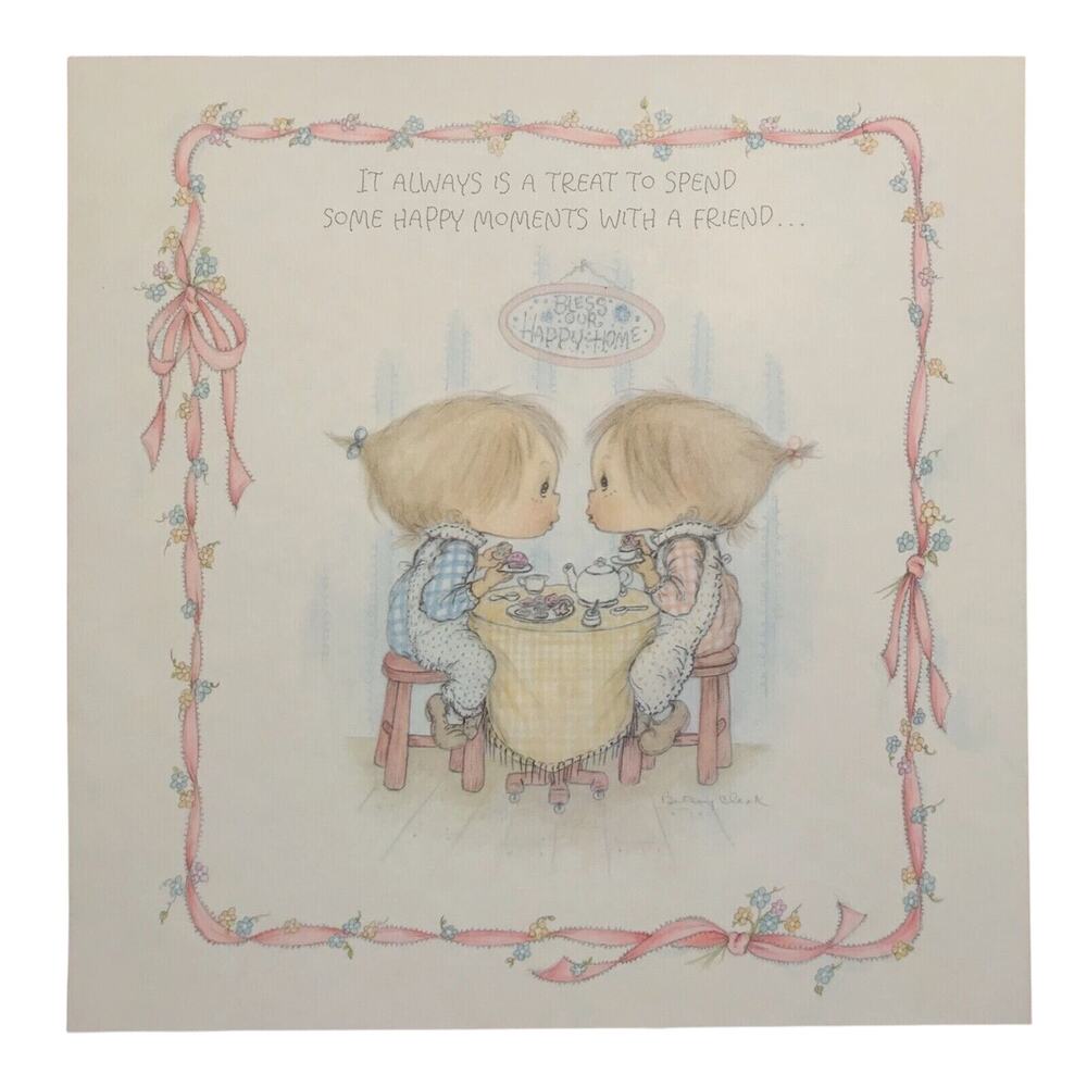 Hallmark Betsey Clark Calendar Print Cute Girls Having Tea Time 1977 Vintage